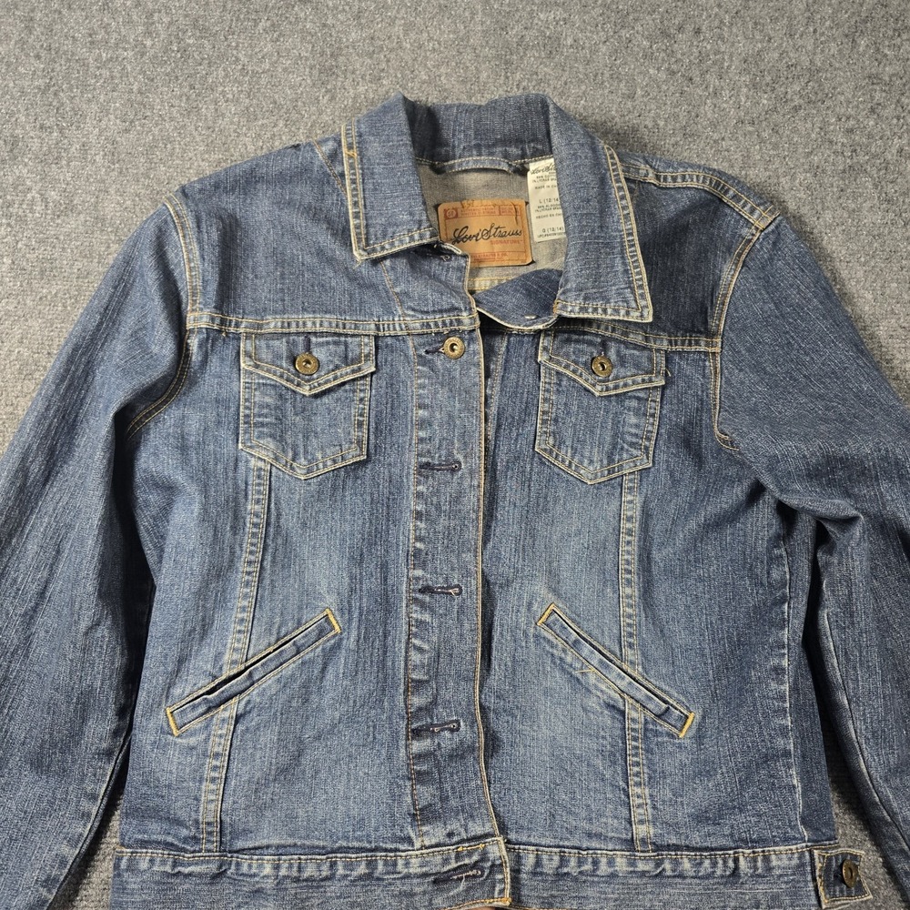 Levi Strauss Signature Women L Denim Jacket Blue Button Collared Western Biker